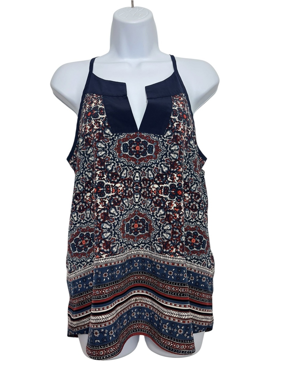 Athleta XS Boho Print Sleeveless Tank Top Tassel Tie Back Navy Red Medallion